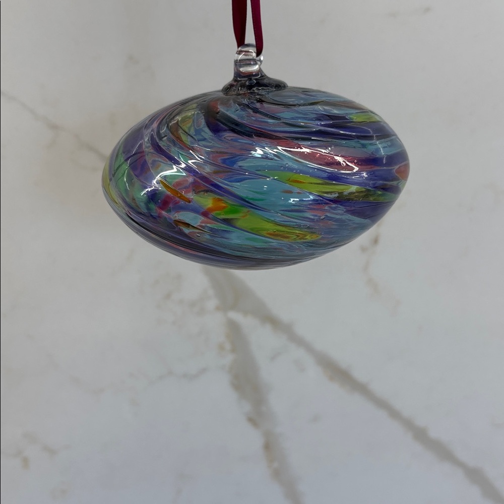 Vintage Hand Blown Blue Glass Friendship Ball Ornament Sun-catcher with Ribbon